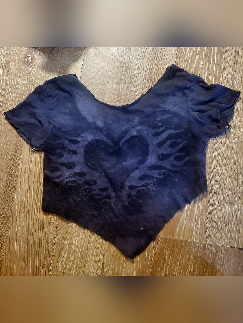Upcycled Black Cropped Tee with Heart Flame Design